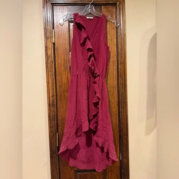 LAmade Burgundy 100% Silk Ruffle Luxury Midi High Low Dress - Picture 2 of 5